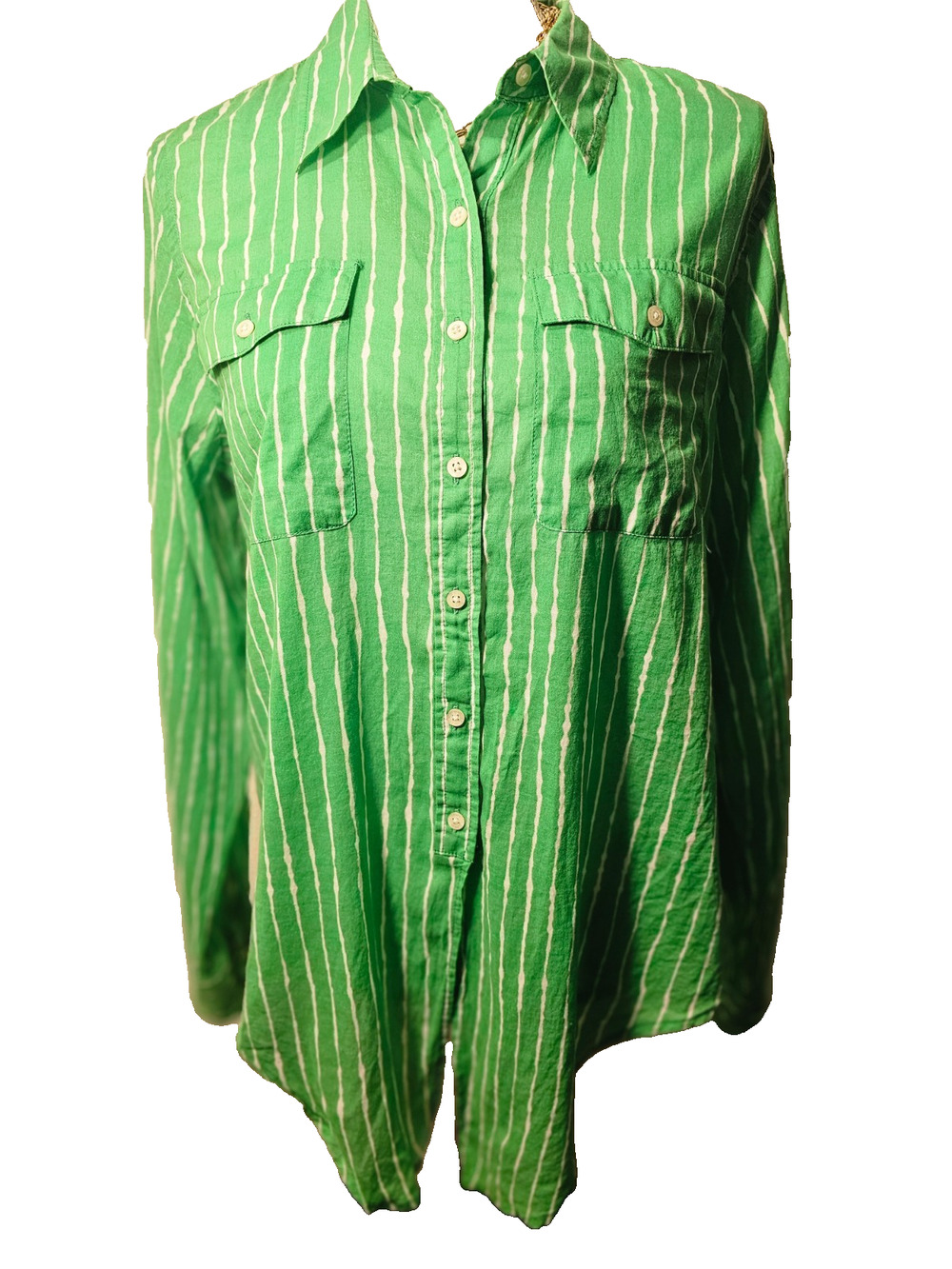 Lauren Ralph Lauren Womens Green White Striped Tie Front Cotton Shirt Size XL